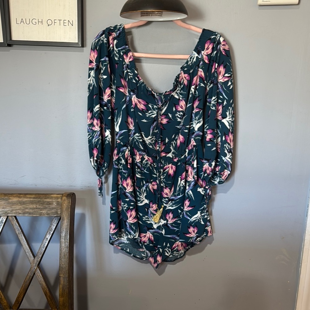 Xhilaration Floral Romper in Teal and Pink Size XXL